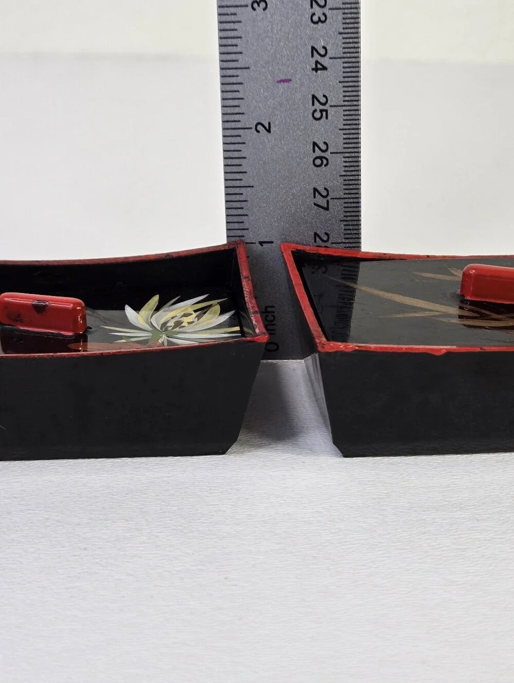 Vtg Japanese Lacquerware Box Set Urushi Maki-e Floral Bamboo Black Red Hand Pain